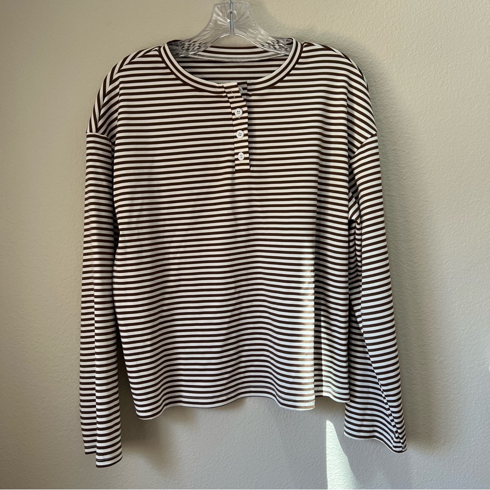 Striped Long Sleeve Henley Top - Brown & White